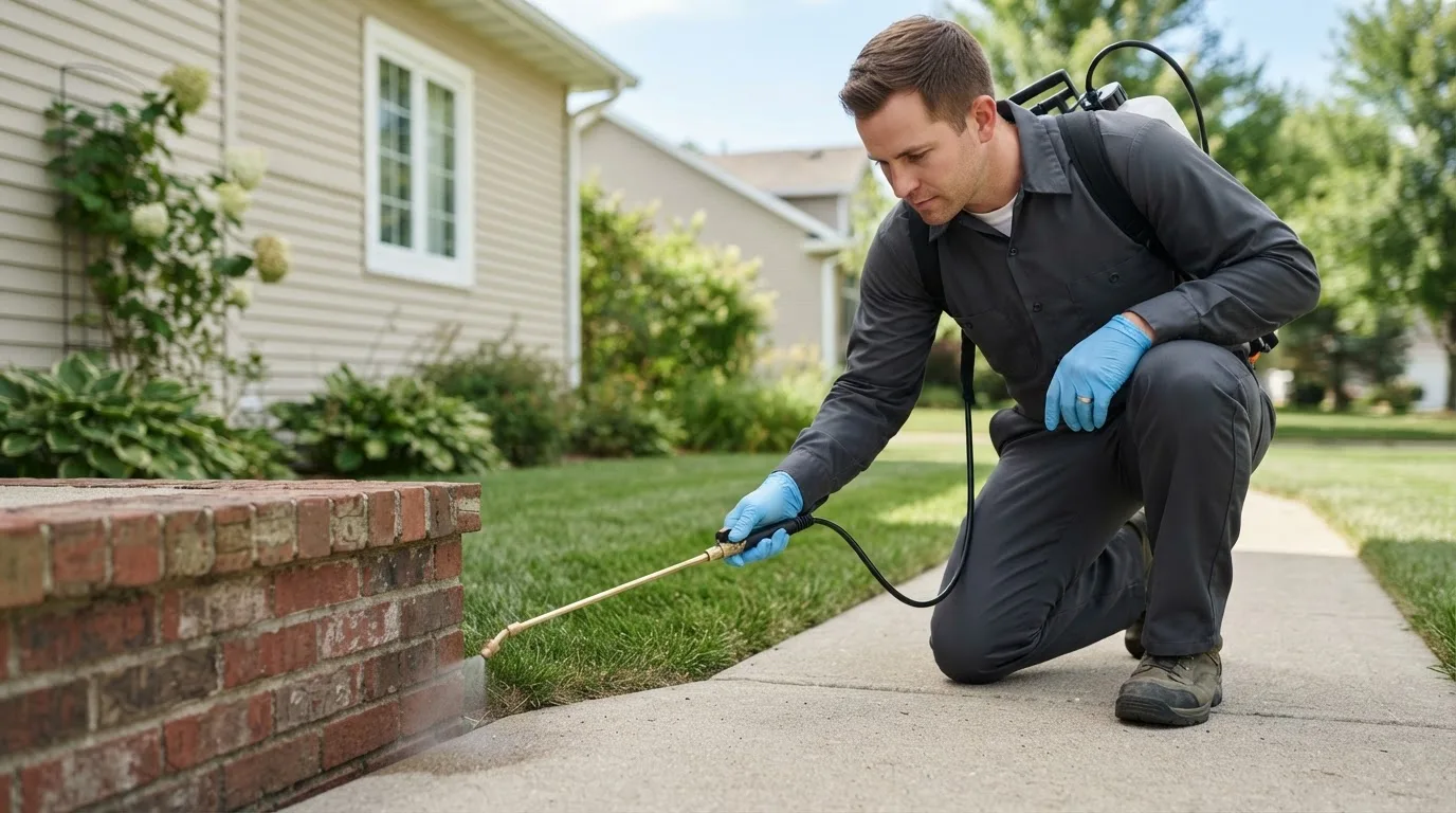 Pest control technician treating a home near Greenfield, OH